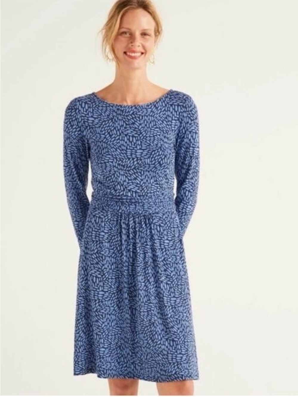 Boden Abigail Jersey Midi Dress in Navy Blue Dot size 10R Longsleeve Pockets